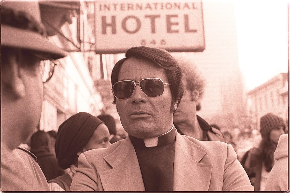 Housing Commissioner Jim Jones at a rally against evictions at the International Hotel, San Francisco, January 1977.